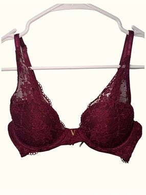 Victoria's Secret Burgundy Lace Push-Up Bra with Gold V Accent